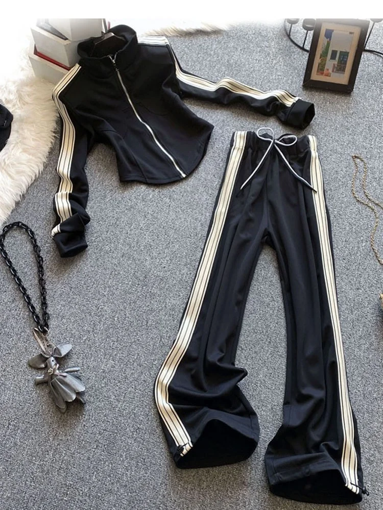 

Large Size 300 Pounds Fashionable Sportswear Set for Women Spring Season High-End Feel Stand Collar Sweatshirt Wide Leg Pants