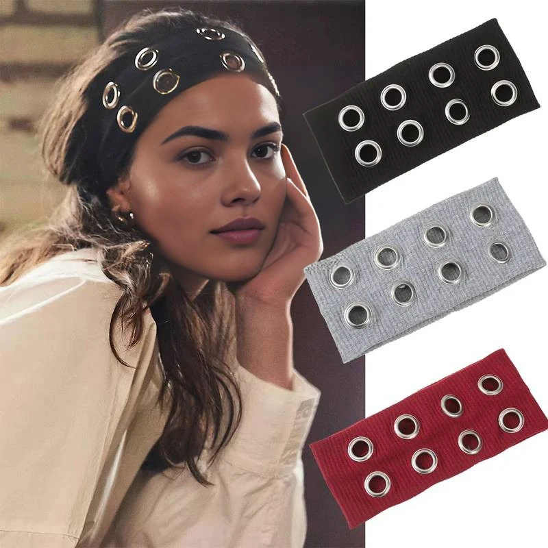 

Punk Girl Hollowed Out Eyelets Wide Elastic Headbands Hairband Stretchy Metal Rock Style Sport Grommet Headband Hair Accessories