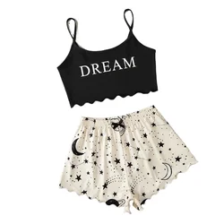 Summer Pajama Set Women Sleepwear Sexy Lingerie Sleeveless Moon Stars Letter Printed Crop Tops with Shorts Pyjamas Sets Suit