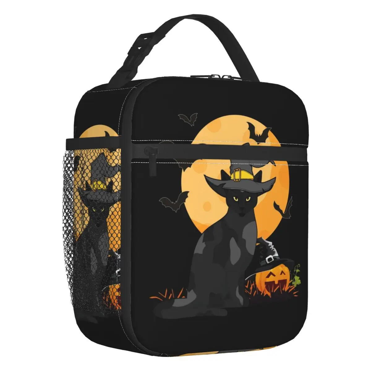 Bolsa de almuerzo de calabaza de Halloween de gato negro personalizada, fiambrera con aislamiento térmico más fresco para mujeres y niños escolares