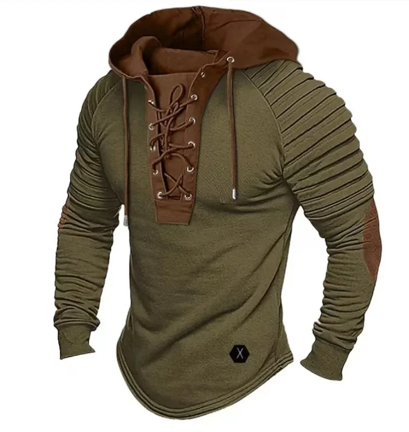 2024 New Autumn Winter Men's Solid Color Casual T-shirt Top Long Sleeved Shirt Slim Fit Pleated Hood Street Vacation Sweatshirt