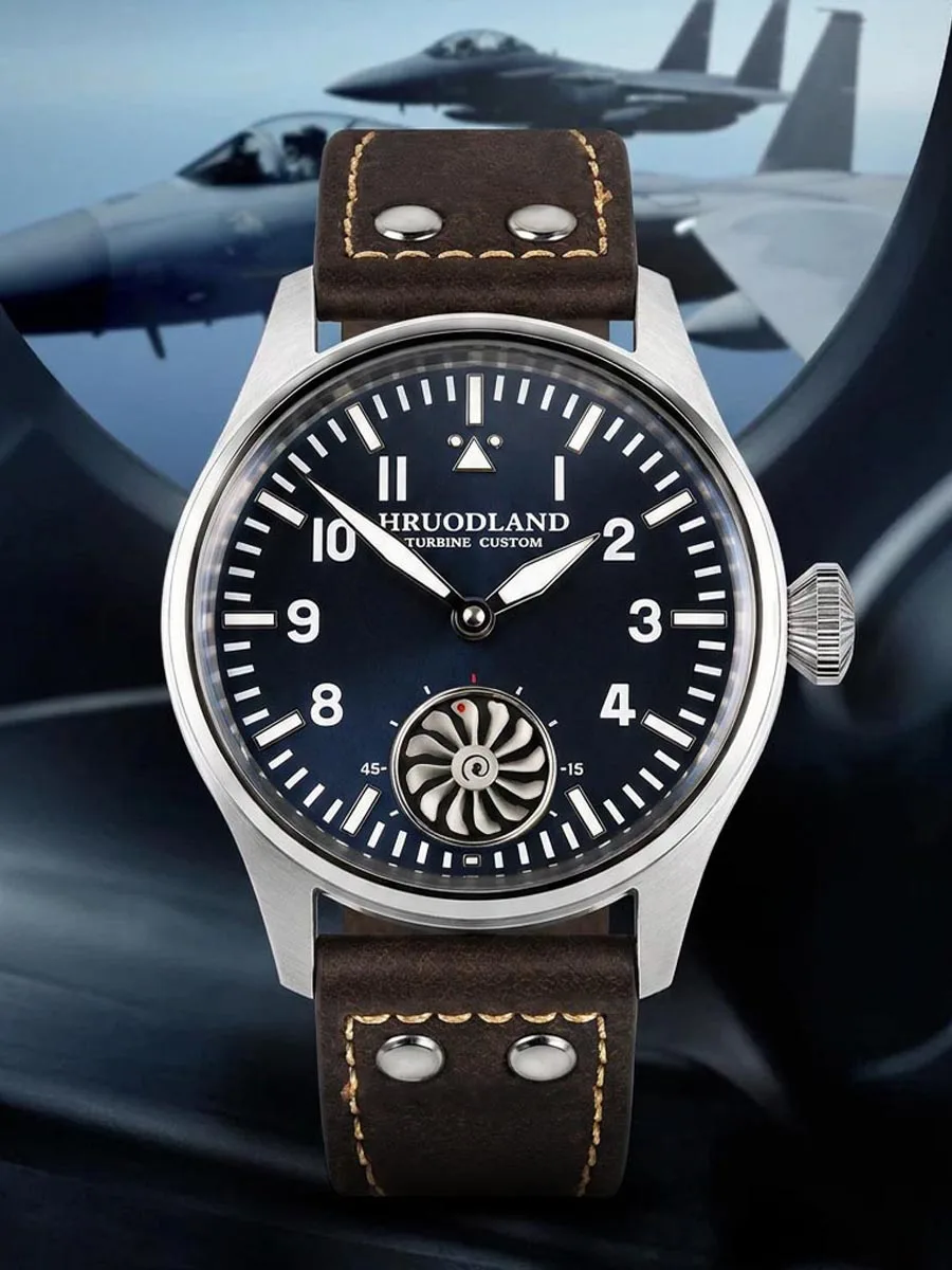 HRUODLAND Limited Pilot Automatikuhr für Herren, Turbinenzifferblatt, BGW9, leuchtendes, doppelseitiges Saphir-Vintage-Armband aus Leder