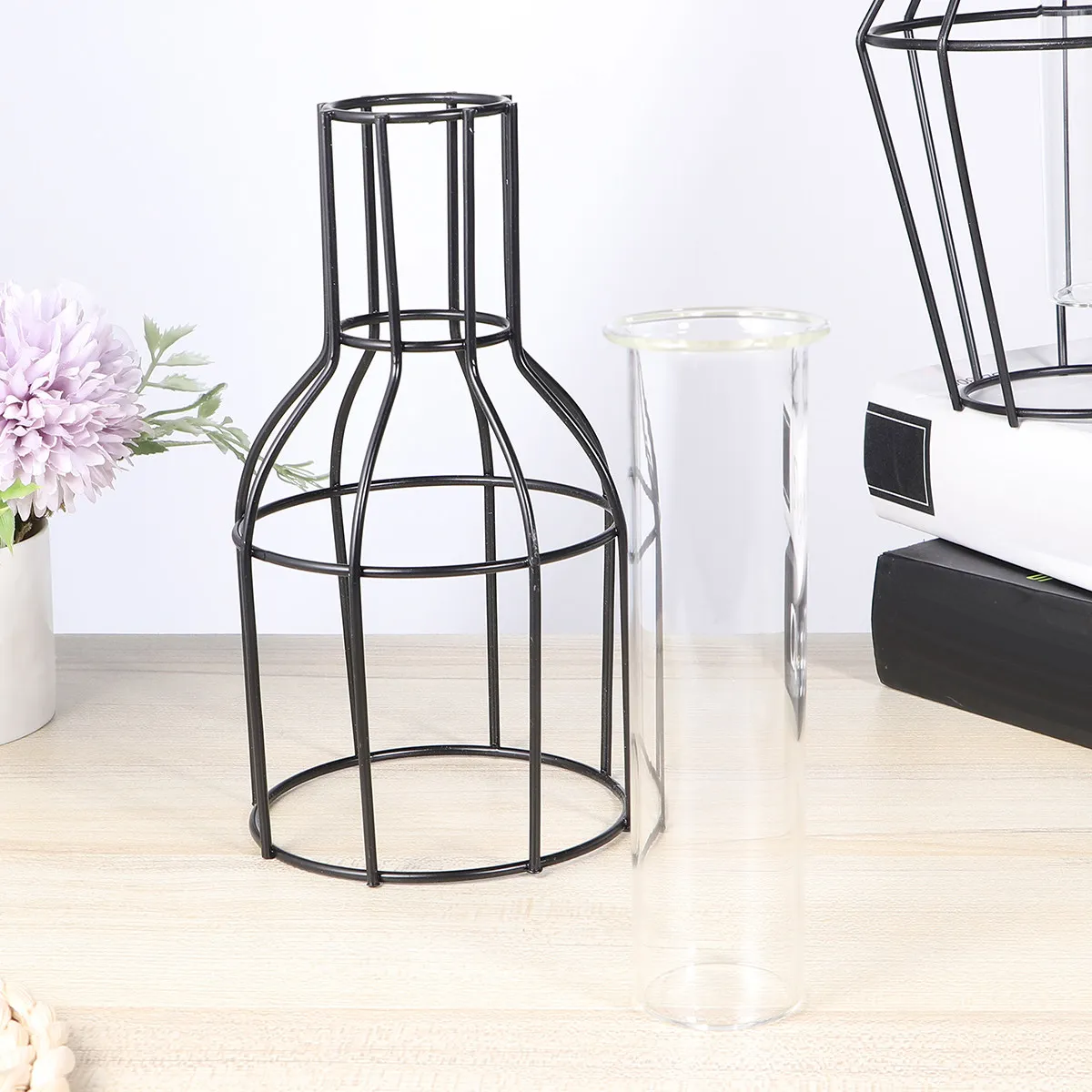 

1Pcs Long Neck Glass Tube Flower Planter Hydroponics Vase Iron Art Metal Frame Container Creative Wedding Birthday Home