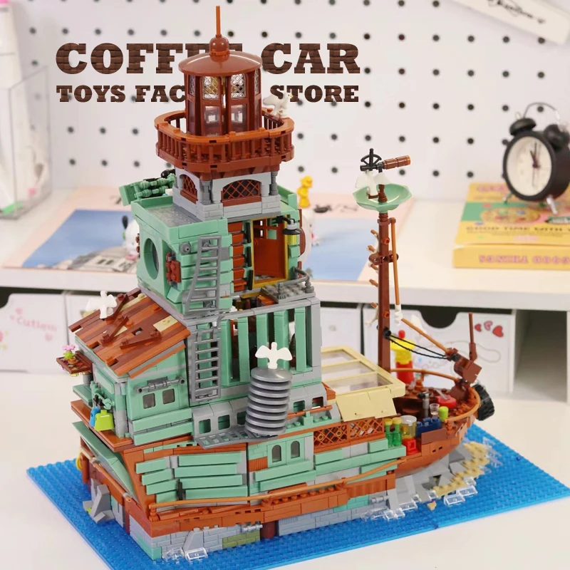 Villaggio di pesca cabina casa Micro mattoni modello negozio di pescatori mattoni MOC set City View Wharf Building Toys regali per bambini adulti