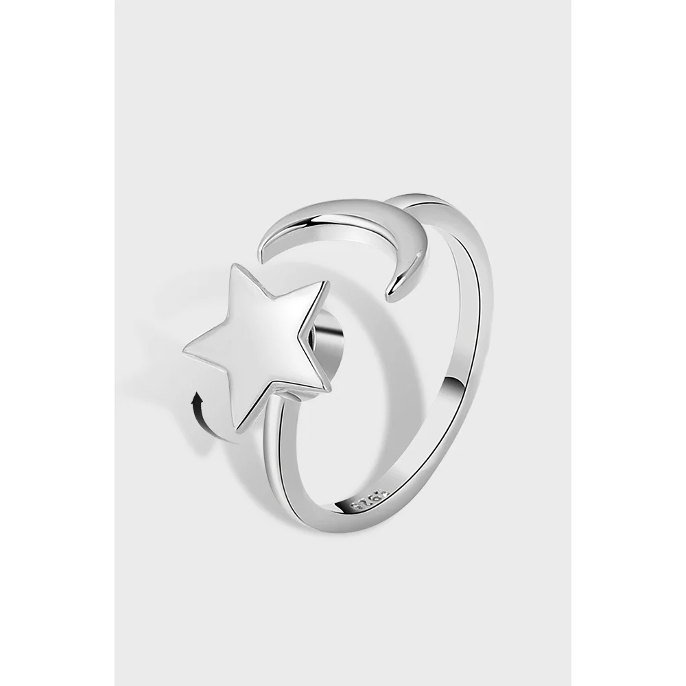 

Adjustable Opening Rotating Star Moon Ring Simple Custom Name 925 Silver Couple Ring Commemorative Day Gift For Women And Men