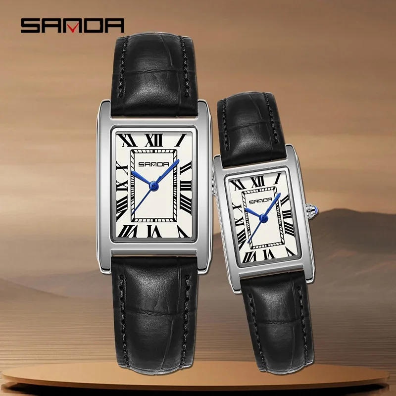 SANDA 럭셔리 탱크 커플 시계 내마 모성 가죽 스트랩 스퀘어 다이얼 30M 방수 스포츠 캐주얼 여성 남성 쿼츠 시계