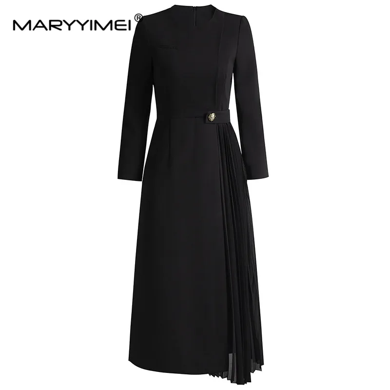 MARYYIMEI New Fashion Runway Designer Girocollo da donna Manica lunga Patchwork pieghettato Vita ricevente Abito viola vintage