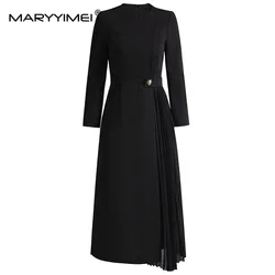 MARYYIMEI New Fashion Runway Designer Girocollo da donna Manica lunga Patchwork pieghettato Vita ricevente Abito viola vintage