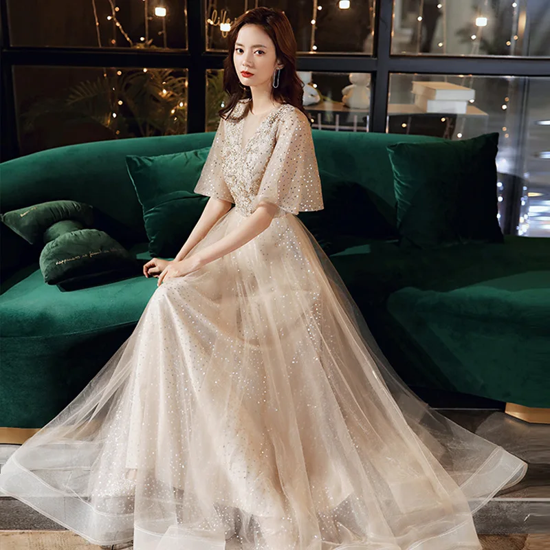 

Champagne Evening Gown for Women Banquet Temperament Bridesmaid Host Light Luxury Minority High-End Graduation Dress