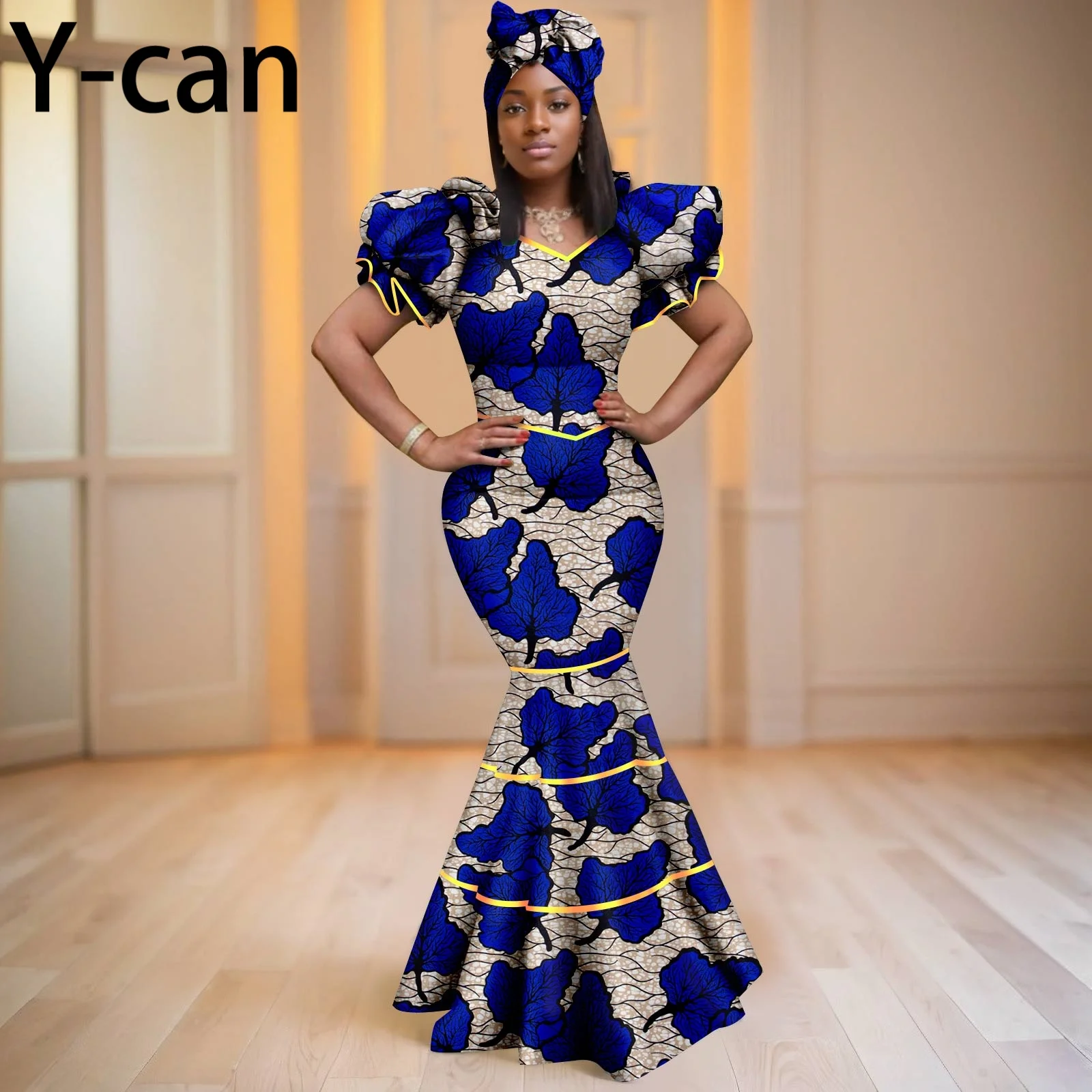 African Dresses for Women Party Trumpet Sleeve Women Mermaid Gown with  Headscarf Original Ankara Wedding Evening 2525060 - AliExpress 200000532