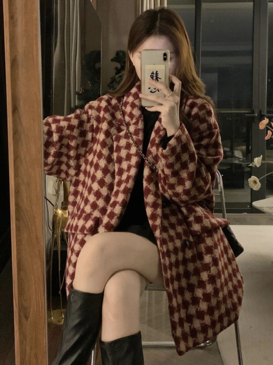 Red Plaid Thiened Woolen Suit Jaet for Women Autumn Winter New Sle Street Faion Large Size Korean Version Commute Pat...