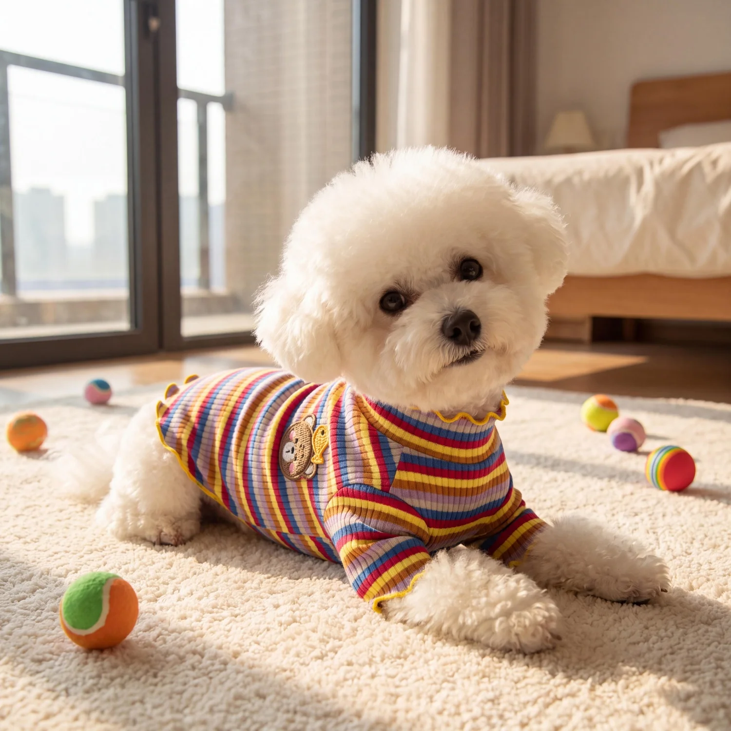 Gestreiftes Strick-Hundehemd mit niedlichem Bärenmotiv, Haustierkleidung, weiches geripptes Welpen-Outfit für Bichon Frise und Teddy. – Detail 9