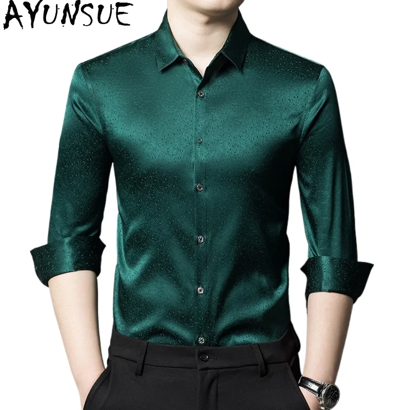 

SYUNSUE 90.8% Mulberry Silk Mens Shirts Long Sleeve Shirt Spring Men Clothing Plain Shirt Camisas Mangas Largas Hombre 2024 Tops