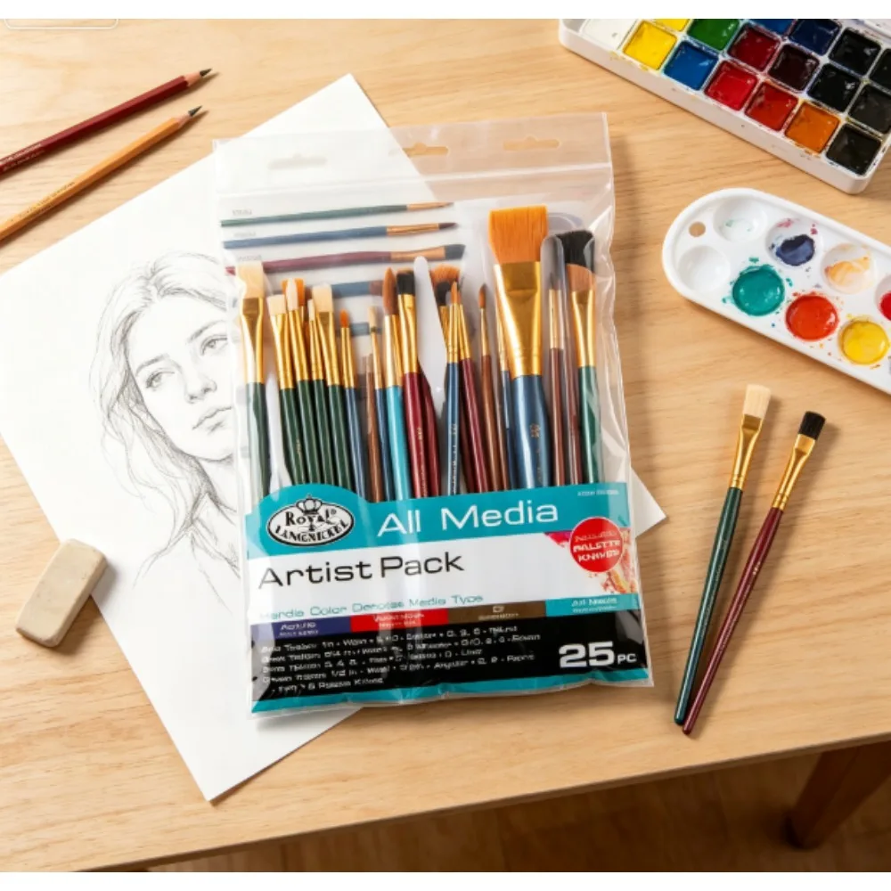 Royal & Langnickel Multi-Media Nylon Art Brushes in Various Shapes, 25-Piece Pack