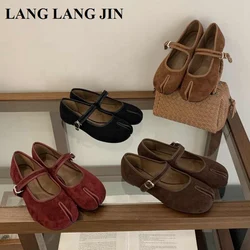 2025 Fashion Women Split Toe Mary Jane Lolita Flats Ladies Retro Vintage Kawaii Designer Suede Loafers Elegant Ladies Ballerinas