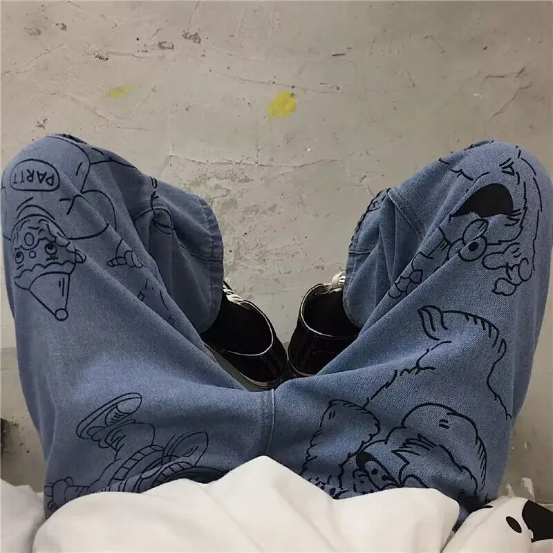 Calf-Length Jean Pant 2024 New Women Cartoons Hip Hop Harem Trousers Harajuku Streetwear Loose Wide Leg Casual Denim Pants