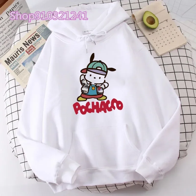 Autumn Pochacoo Print Hooded Women Pullovers Cartoon Casual White Loose Long Sleeve Oversized Hoodies Basics Women Sweatshirt