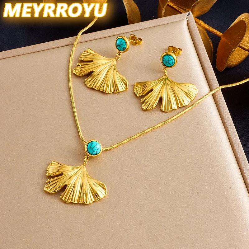 MEYRROYU 316L Stainless Steel Round Turquoise Ginkgo Leaves Necklace Earrings Suit For Women New Trend Non-fading Jewelry Set