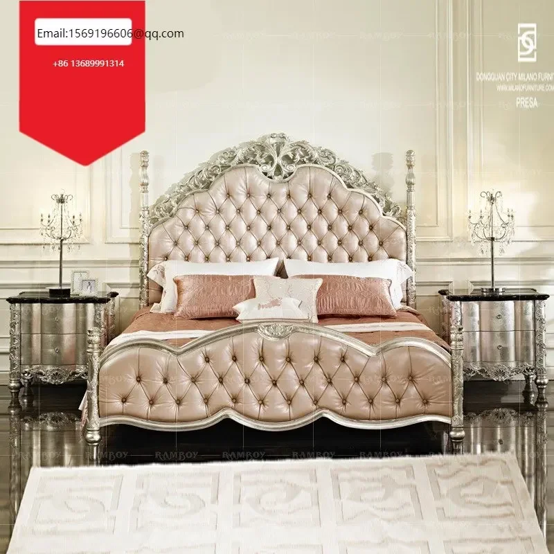 

Furniture European double French solid wood carved leather bedroom newlywed princess bed