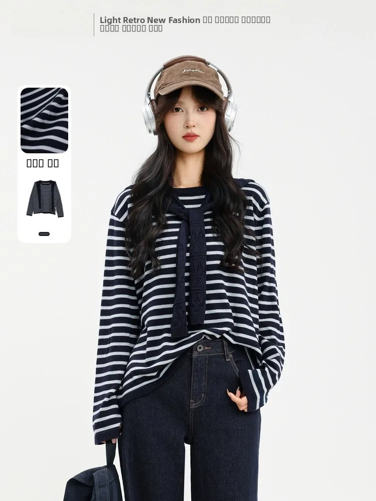 

Вязаный свитер Ele Lazy Stripe, универсальный белый одинаковый зимний свитер, Новое поступление, осенне-зимняя коллекция с эффектом памяти, 2025 г.