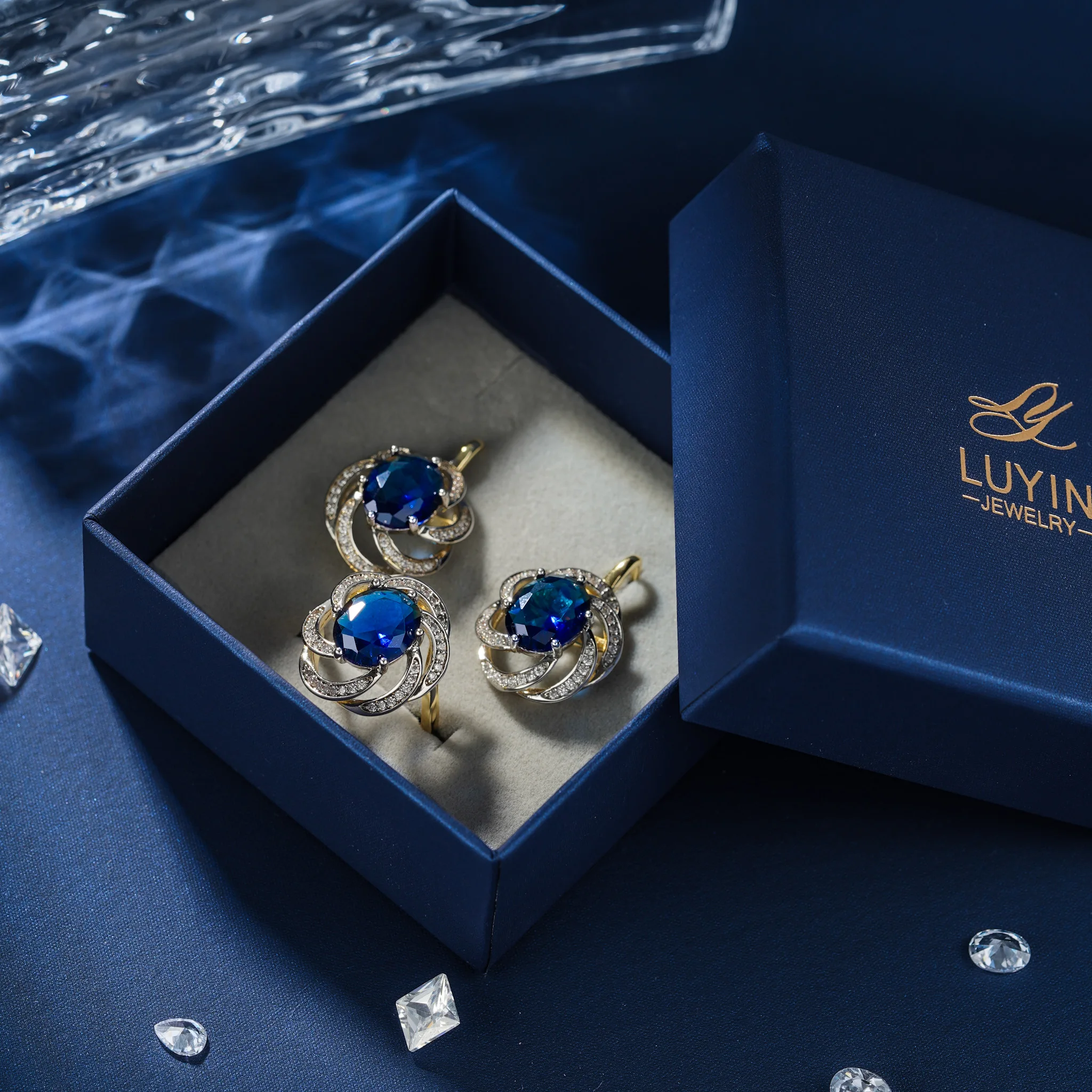LUYIN 2025 Trending  Jewelry Set Blue Stone Earrings Ring For Women Copper Plated 14 K Gold 2 Color Daily Party Fine Accessories