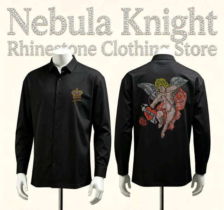 Men's Luxury Black Rhinestone Skull Slim Fit Button up Shirt Long Sleeve High Street Party Casual Top