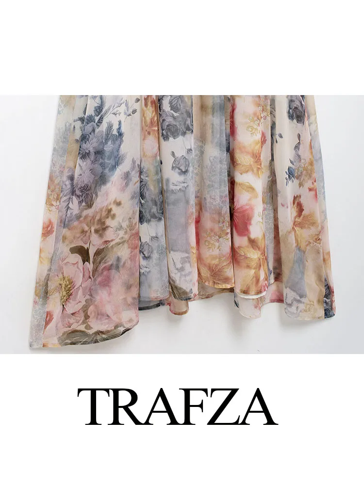 Trafza ชุดเดรสฤดูร้อนแฟชั่นคอวีสำหรับผู้หญิง, เดรสยาวมีกระดุมพิมพ์ลายดอกไม้