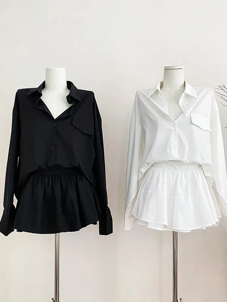 Formal Occasion Outfits 2 Piece Skirts Set Polo-Neck Solid Casual Loose Shirts + Sexy Mini A-line Skirt Office Lady New Design