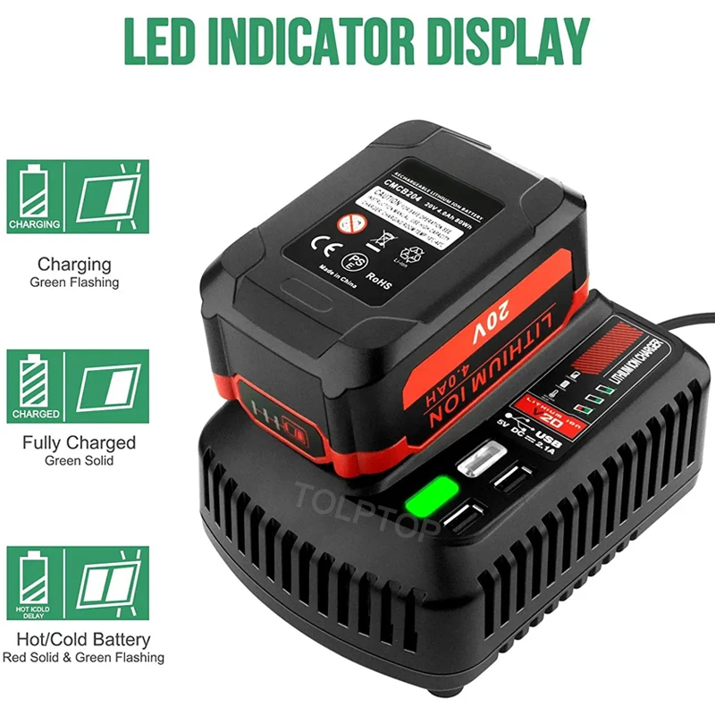 For Craftsman 20V Li-ion Battery Charger Fast Charging Replacement charger CMCB102 CMCB104 CMCB202 With Dual USB Port