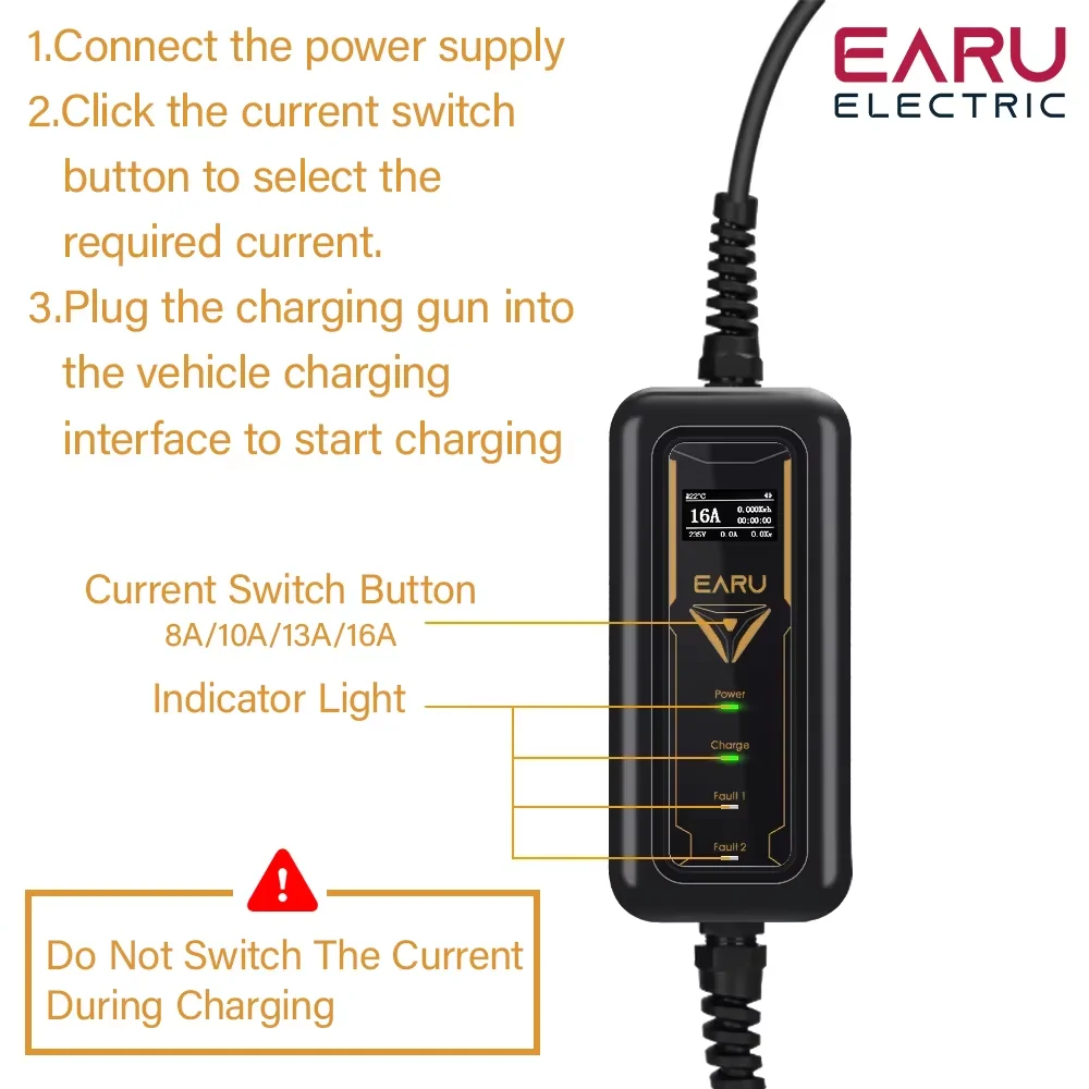 Adjustable 16A EV Charger Screen EU US UK Plug Portable Type2 IEC62196-2 EVSE Charging Cable Type1 SAE J1772 Controller Wallbox