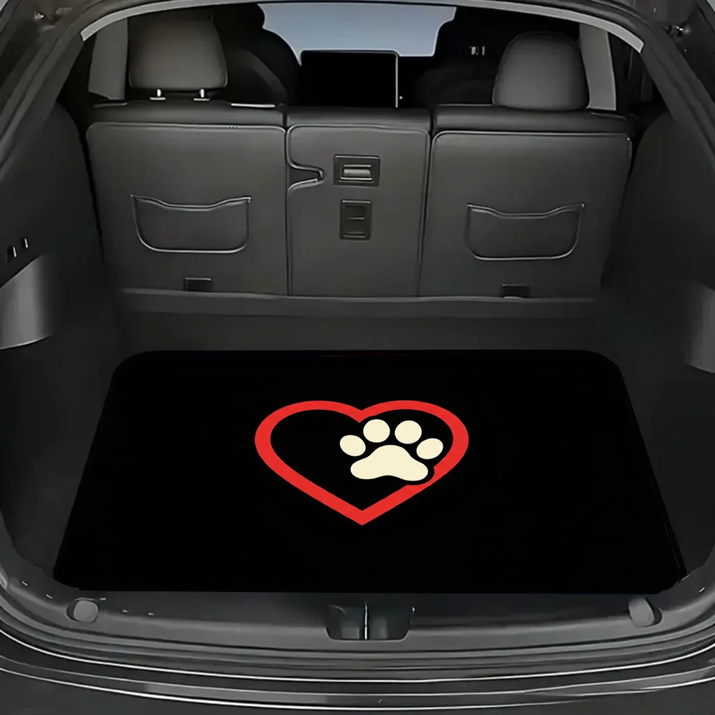 1pc Red Heart Outline + White Paw Print Pattern Car Trunk Mat, Suitable For Sedans, Trucks, And SUVs, Automotive Accessory, Dura