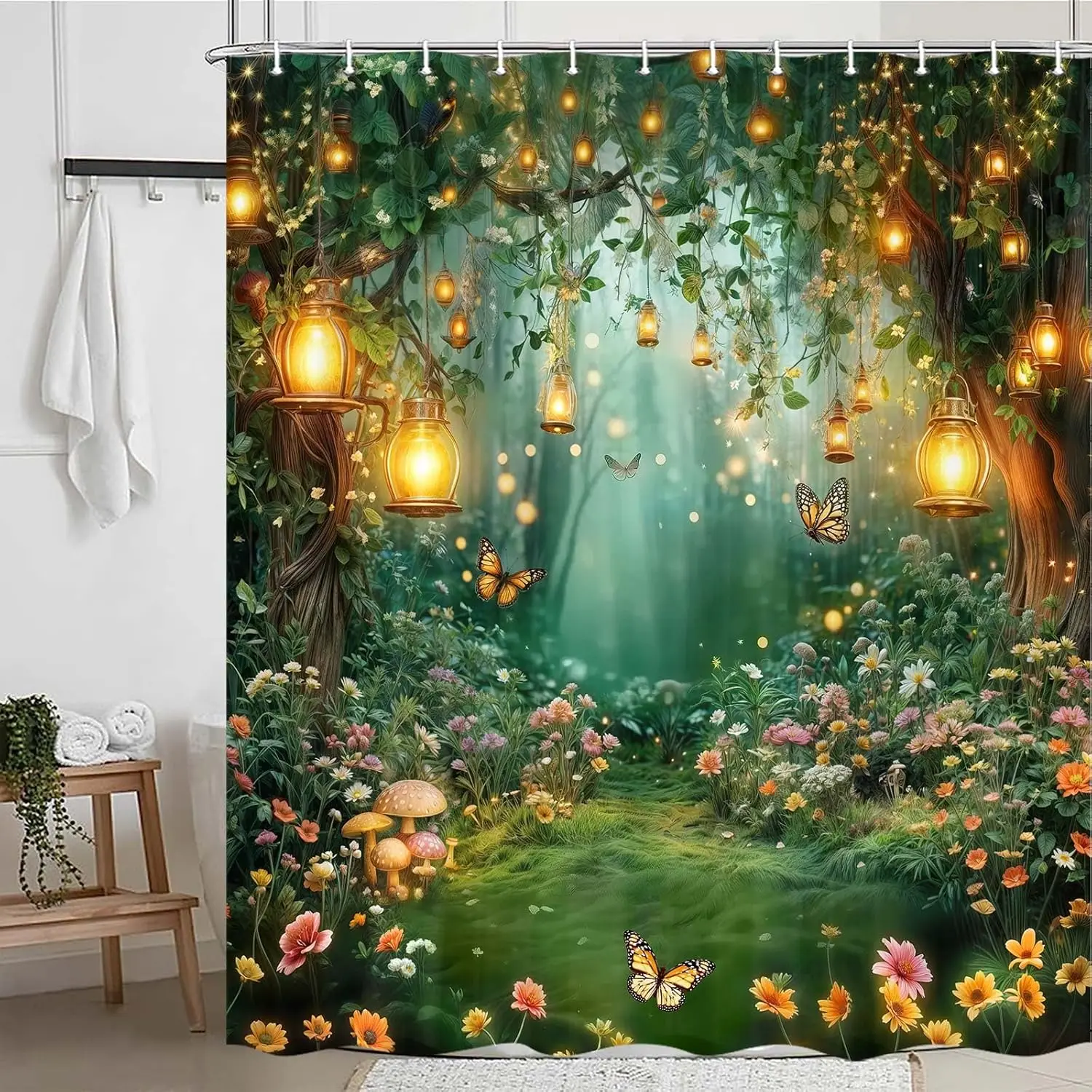 Spring Enchanted Forest Shower Curtain,Fairy Tale Wonderland Garden Shower Curtains Set for Bathroom,Mushroom Butterfly Woodland