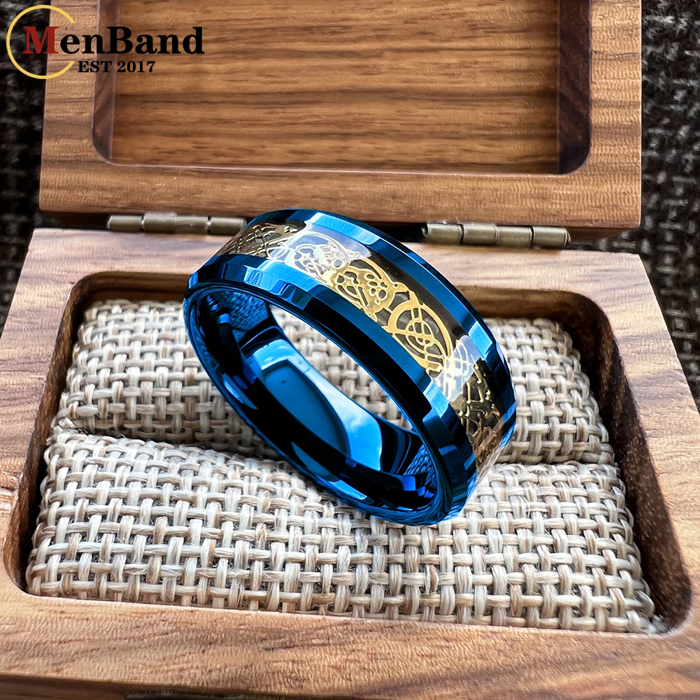 MenBand New Style 8MM Blue Tungsten Carbide Wedding Band Rings Gold Color Dragon And Carbon Fiber Inlay Comfort Fit