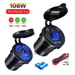 12V/24V USB Outlet 108W 3 Ports Car Charger Socket Dual 45W PD Type C & 18W QC 3.0 Motorcycle Socket Power Outlet Charge Adapter