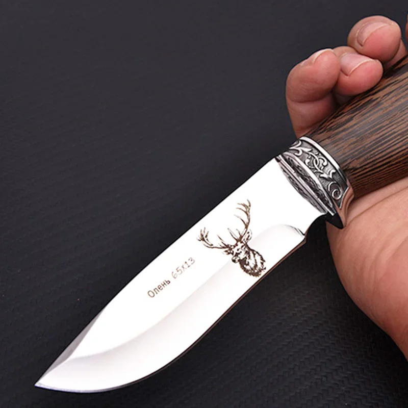 Mengoing Double Wood Handle Design Knife Deer Corrosion Pattern Tactical Rescue Fixed Blade Knives Tool for Camping Hunting