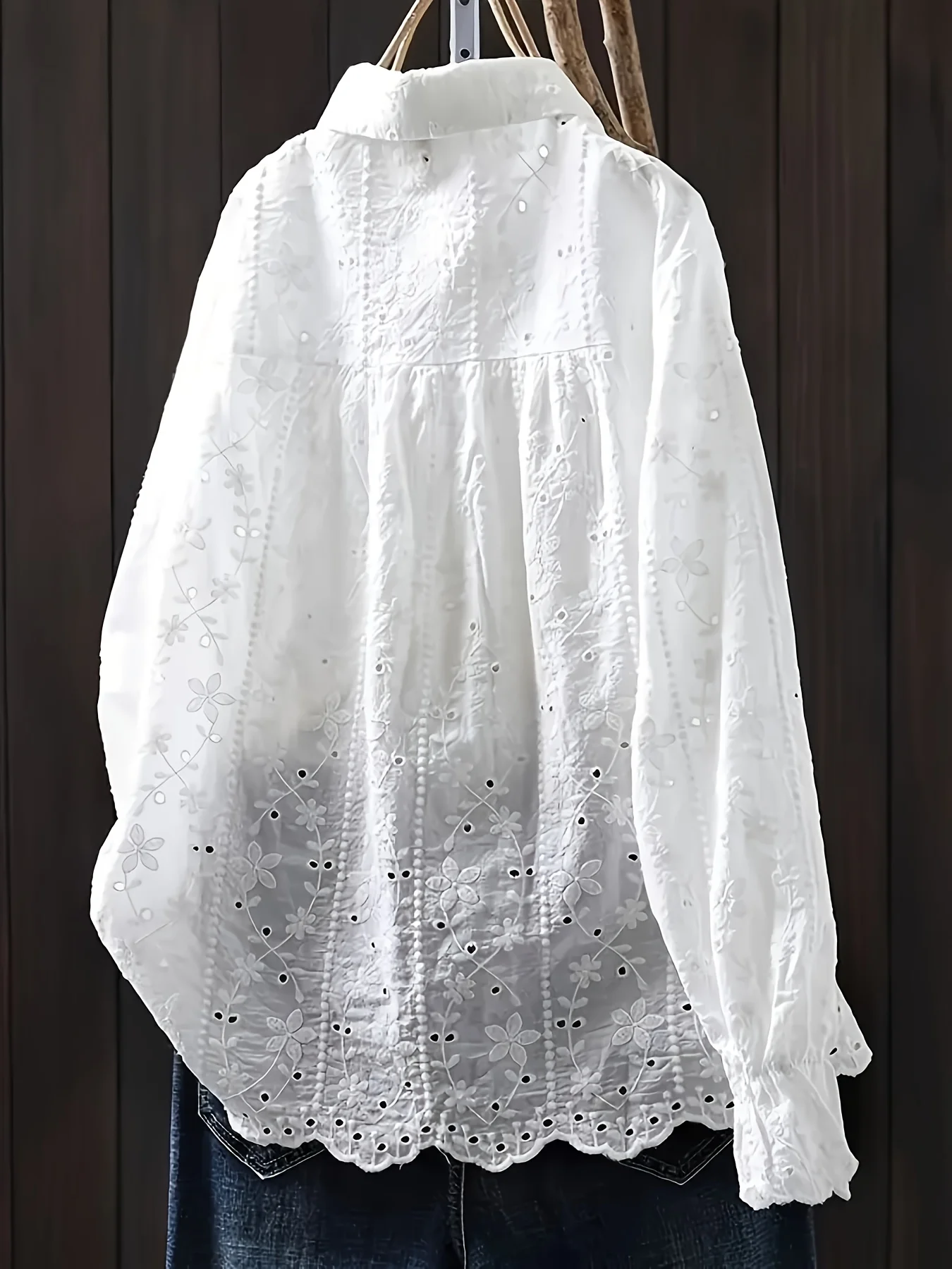 

Женская винтажная белая блузка с ажурной вышивкой, свободная хлопковая рубашка с длинным рукавом, повседневный топ для многослойных образов