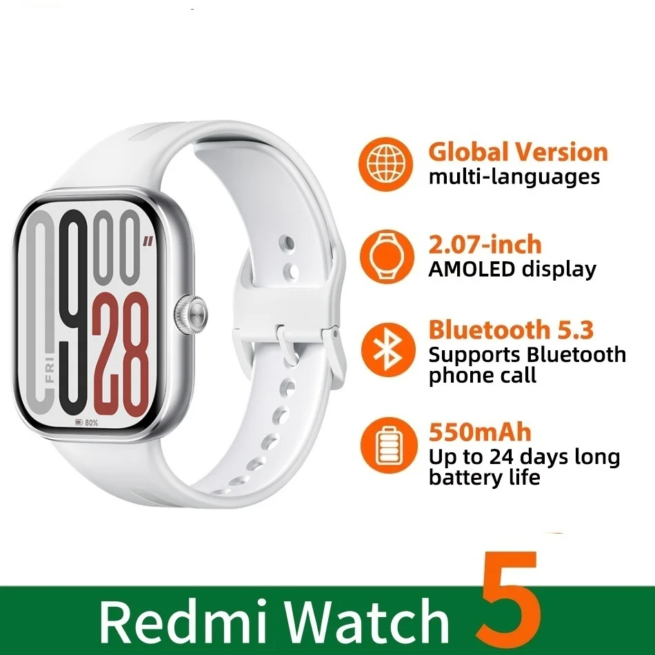 

Глобальная версия Xiaomi Redmi Watch 5, Bluetooth-телефонный звонок, 2,7-дюймовый AMOLED-экран, мониторинг здоровья, 24-дневный аккумулятор, умные часы Mi