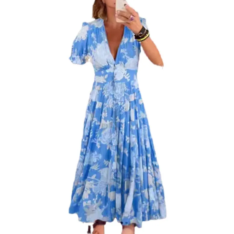 2025 Sping Summer Boho Donna Maxi Dress Casual Manica corta A-line Balza Beach Abiti da donna Abiti floreali Vestidoes Mujer