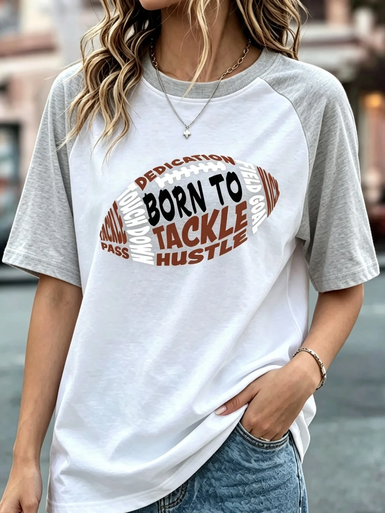 Born To Tackle Football Word Art Graphic Raglan T‑Shirt, Women Color Block Short Sleeve Game Day Baseball Tee