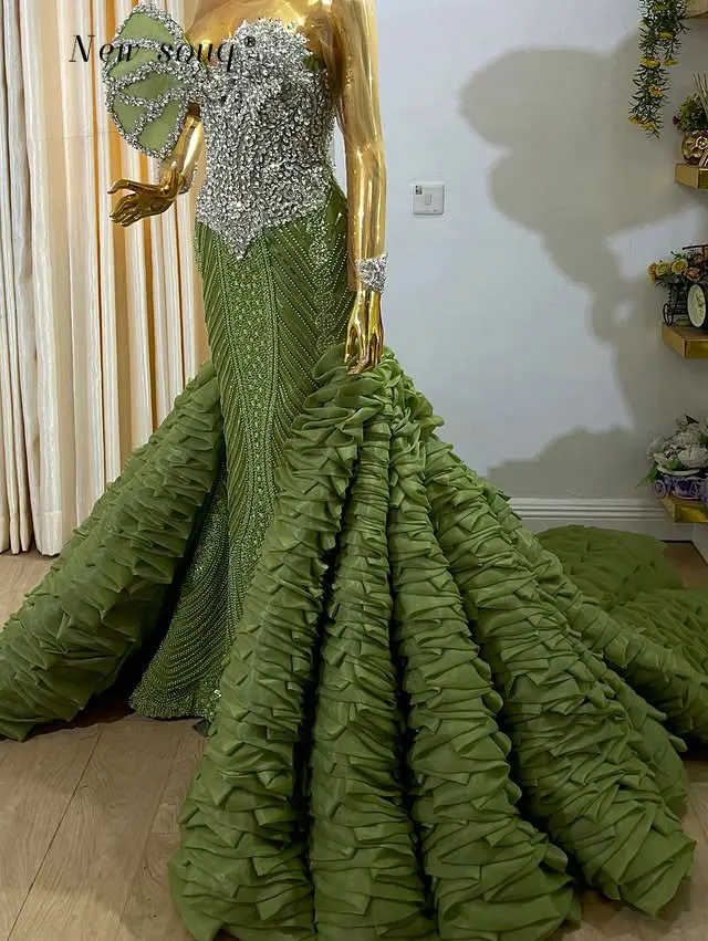

Великолепные зеленые вечерние платья-русалки с длинным шлейфом и рюшами, роскошные выпускные платья с кристаллами для свадеб, индивидуальный пошив