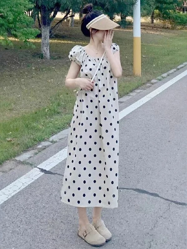

Korean Japanese High End Bubble Sleeve Dress Women Elegant Polka Dot Gentle Bow Sweet Anti Aging Dress a Line Short Sleeve Lo...