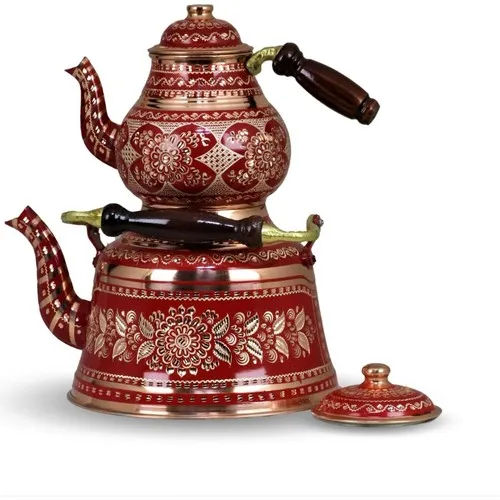 ANS Rose Flower Painted Red Basswood Copper Teapot Set