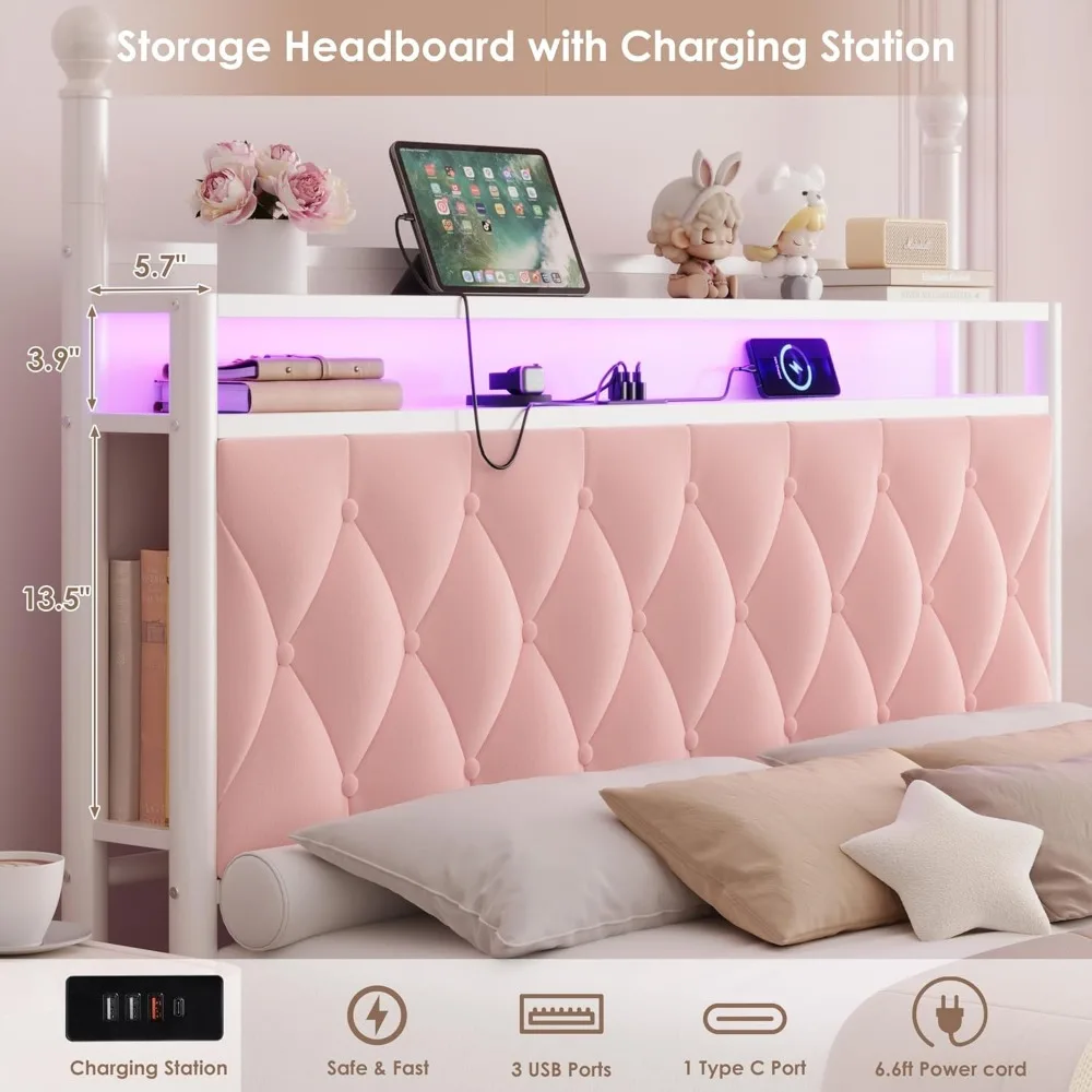 هيكل سرير بمظلة LED منجد بحجم كوين من HIFIT مع محطة تخزين وشحن، لوح رأسي للتخزين معنقدة بأزرار مع كتب