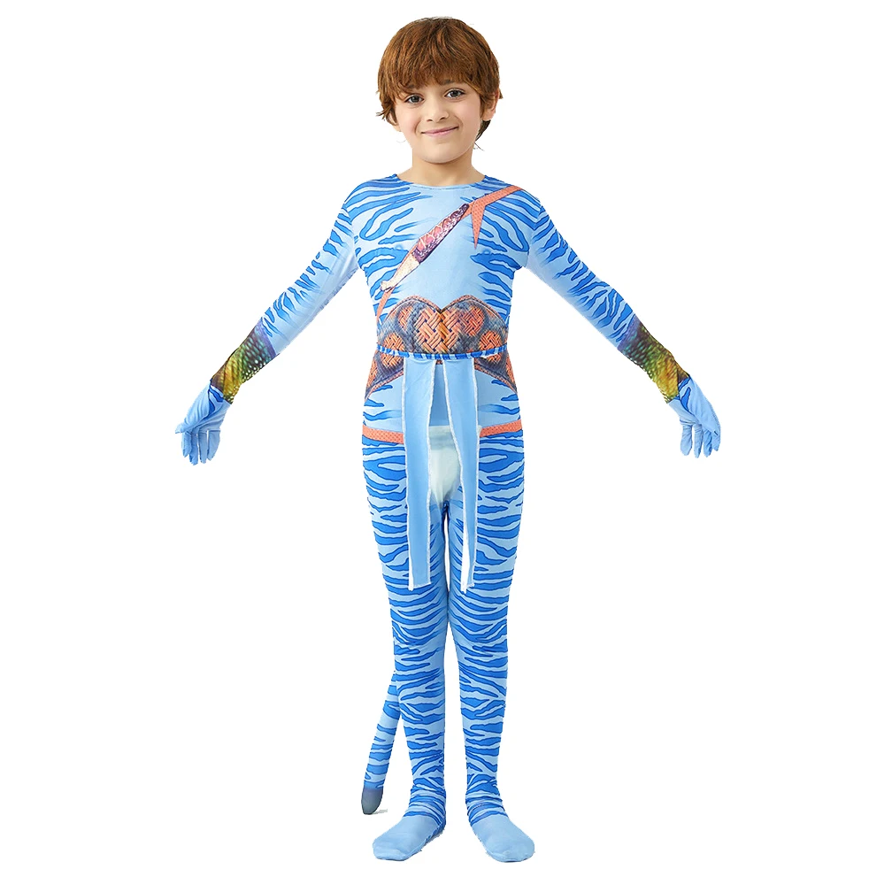 Girls Avatar 2 Neytiri Costume Tail Suit Boys Jake Sully Cosplay Zentai Bodysuit Jumpsuit Kids Halloween Birthday Party Costume