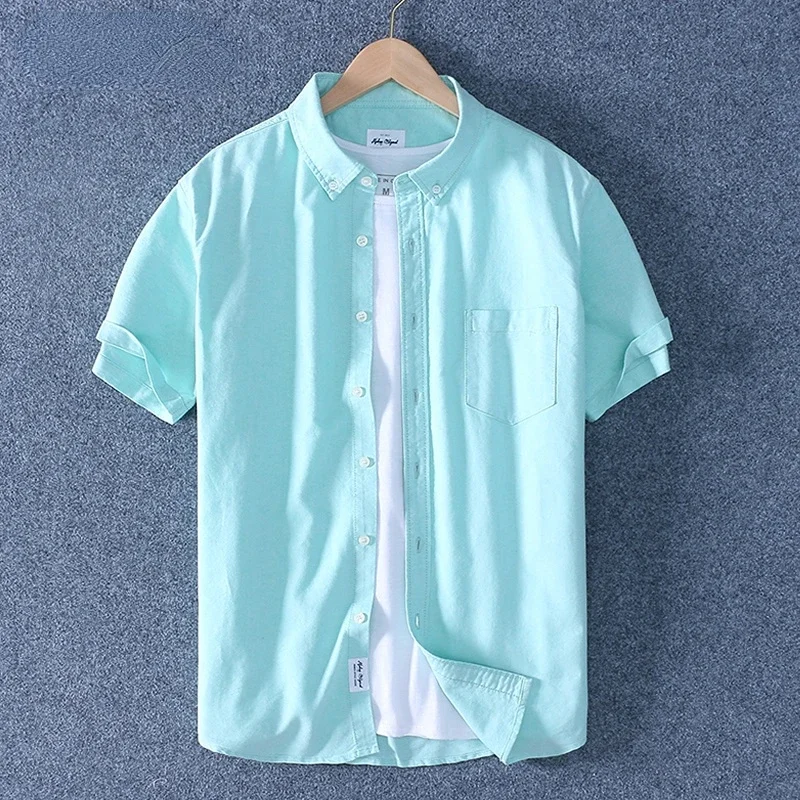 

Men Summer Cotton Shirt Oxford Short Sleeved Casual Slim Shirt Turn-down Collar Brand New Arrival Jacket