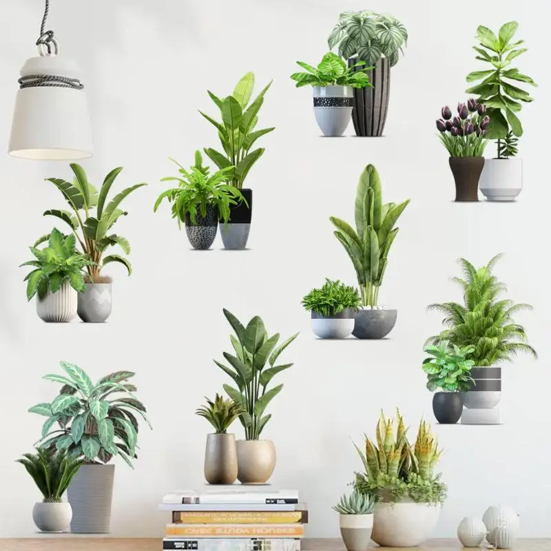 2Pcs Fresh Green Potted Wall Decal Waterproof Non-Toxic Wall Sticker for Bedroom Living Room Balcony Home Wall Decor