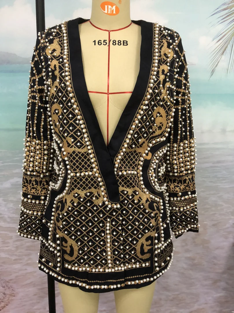 S-3XL Women's Fashion High Quality Sequin Beads Slim Fit Button V-Neck Coat Party Girl Stage Show Singer Pearl Clothing