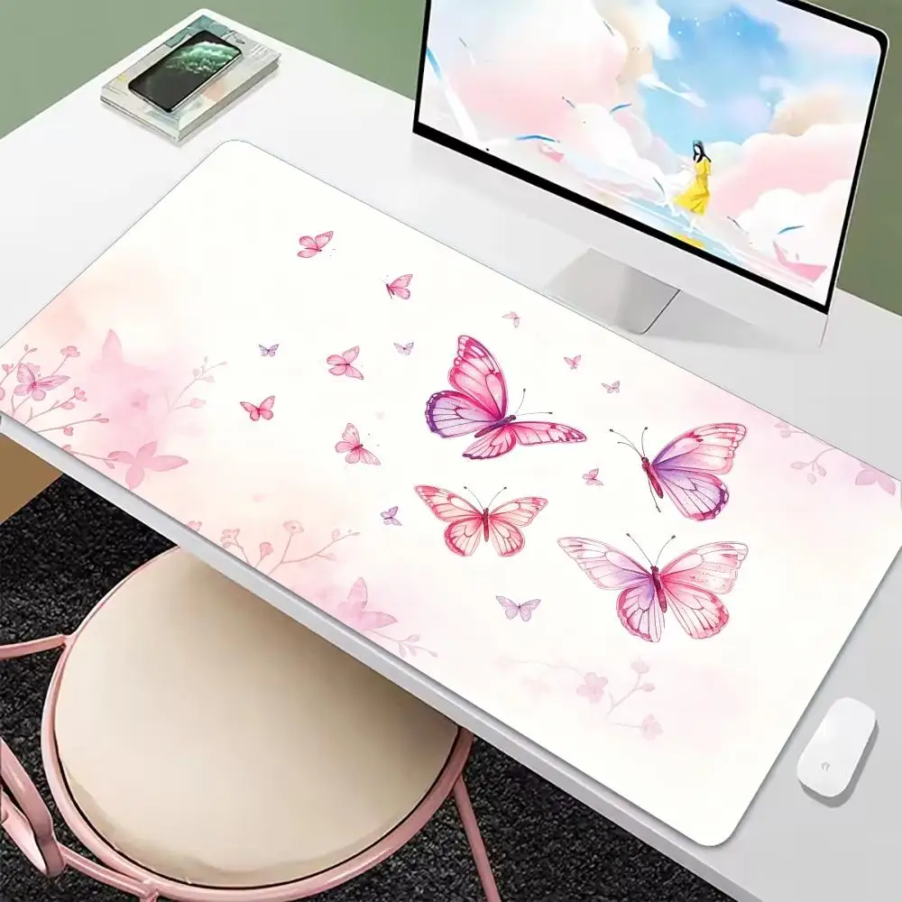 Watercolor Pink Butterfly Large Desk Mouse Pad Non Slip Rubber Keyboard Mat Desktop Decor For Office Laptop Gaming Workstation
