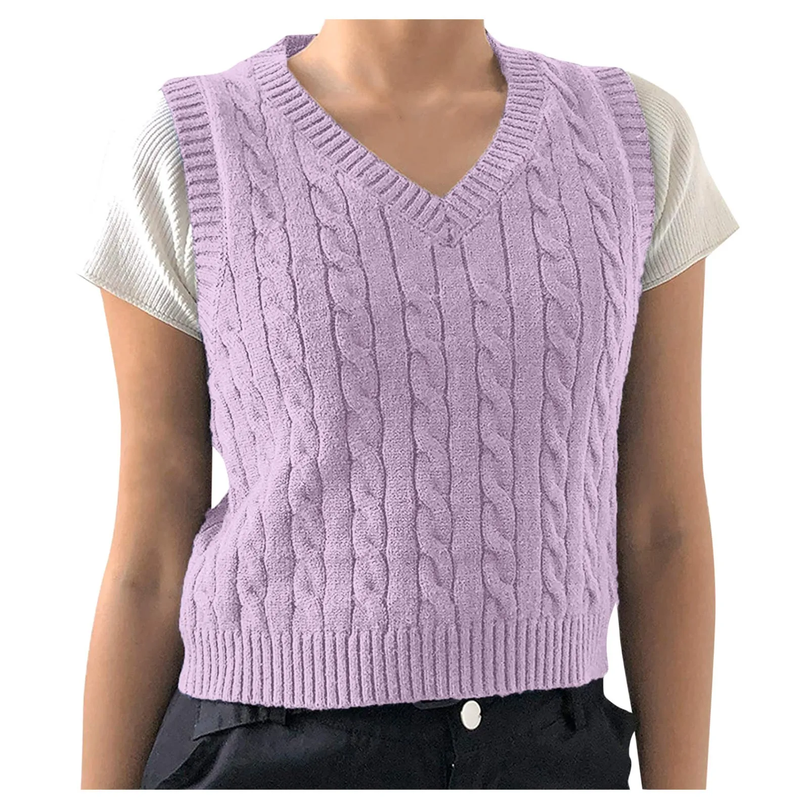 Women'S Knitted Waistcoat Uniform V-Neck Sleeveless Solid Color Simple Knit Sweater Fashion Trend Comfortable Short Sweater