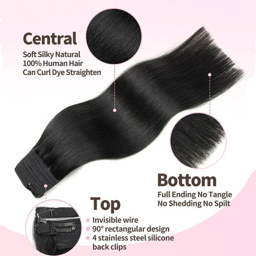 Imagen 2 del producto Línea de pescado 100 extensión de cabello humano pieza de cabello rubio Remy pelo liso alambre de pesca con 3 Clips extensión de cabello de alambre Invisible